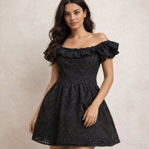 RYEGRASS Black Eyelet Off-Shoulder Fit & Flare Dress – Size S